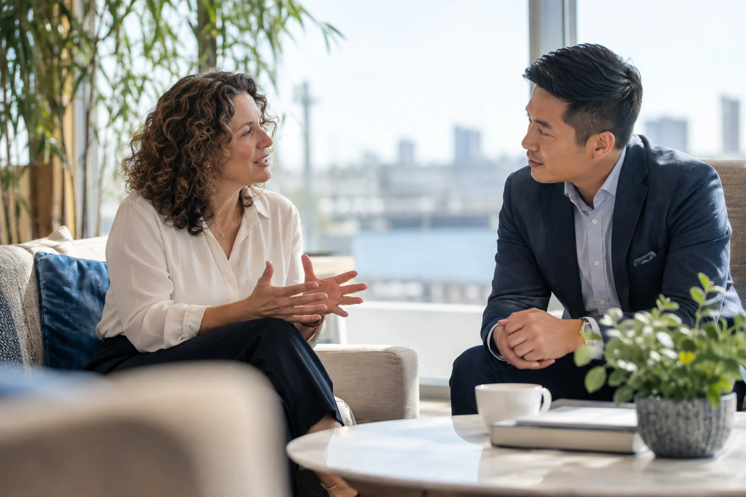 Two professionals having a considered business conversation