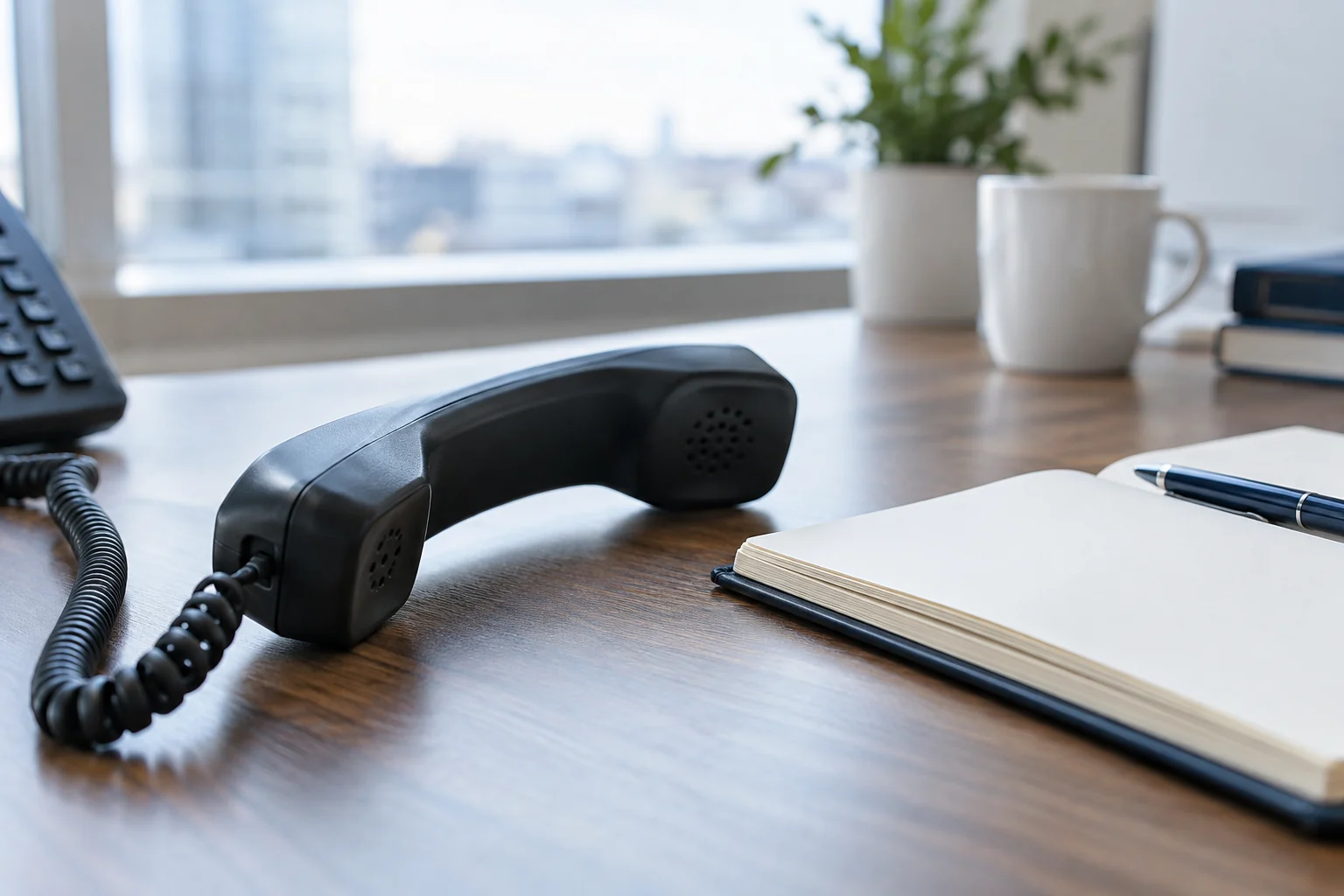 A telephone and notebook ready for follow up