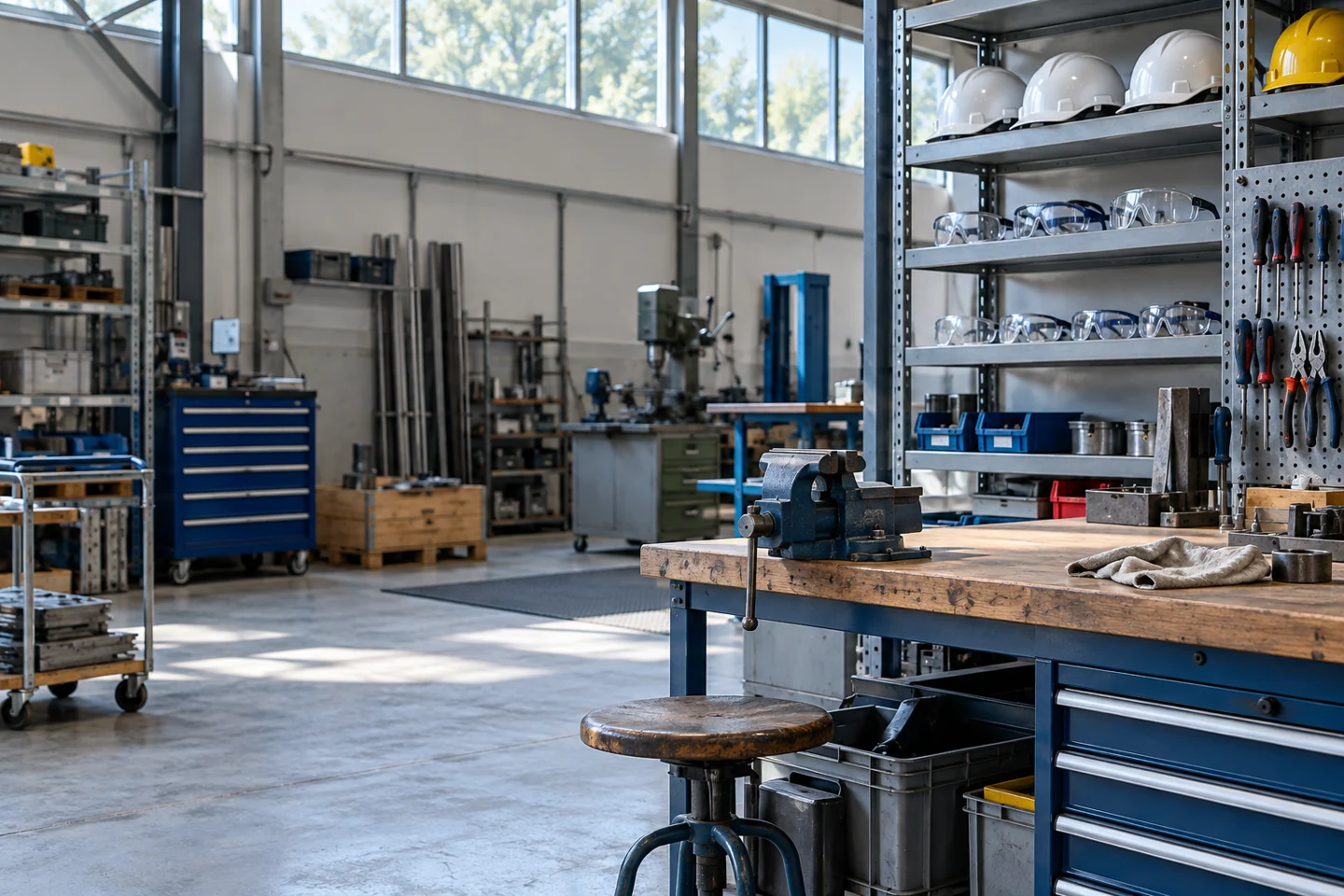 Orderly equipment and protective helmets in an operational workspace