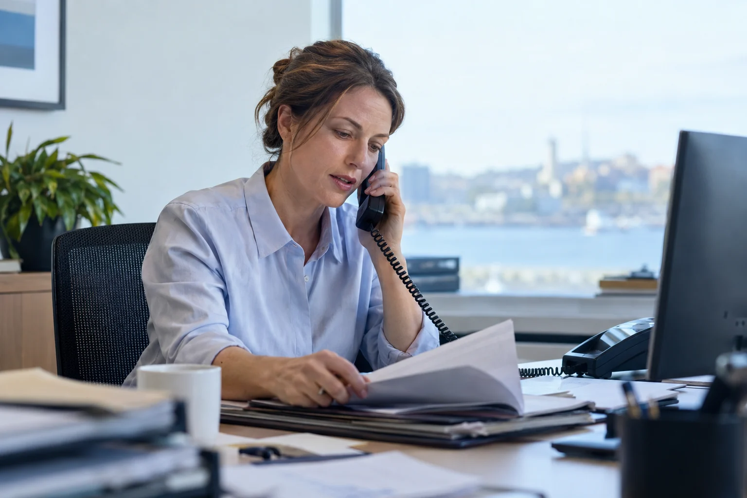 A professional coordinating information by telephone