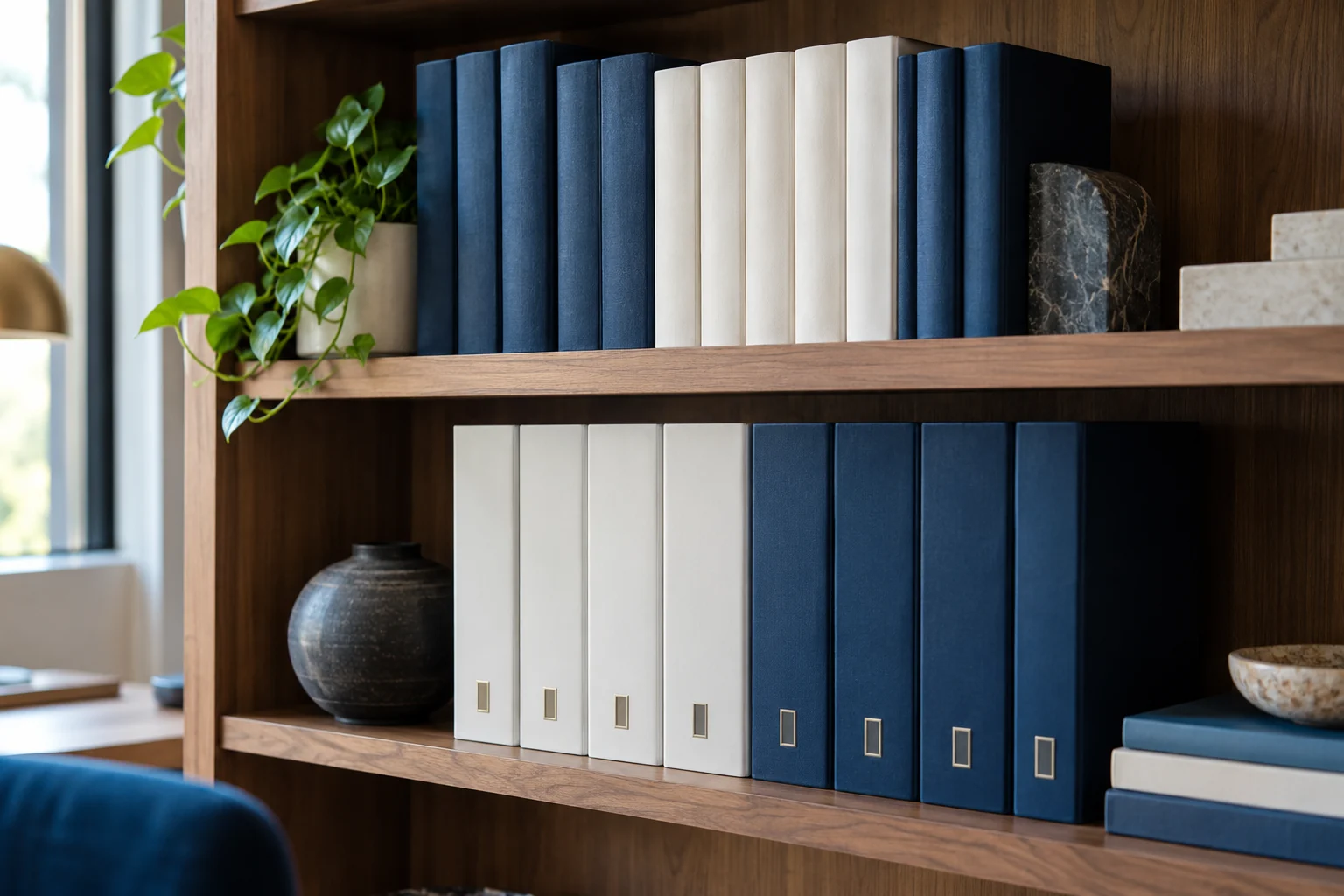 Unmarked reference binders organized in a professional library