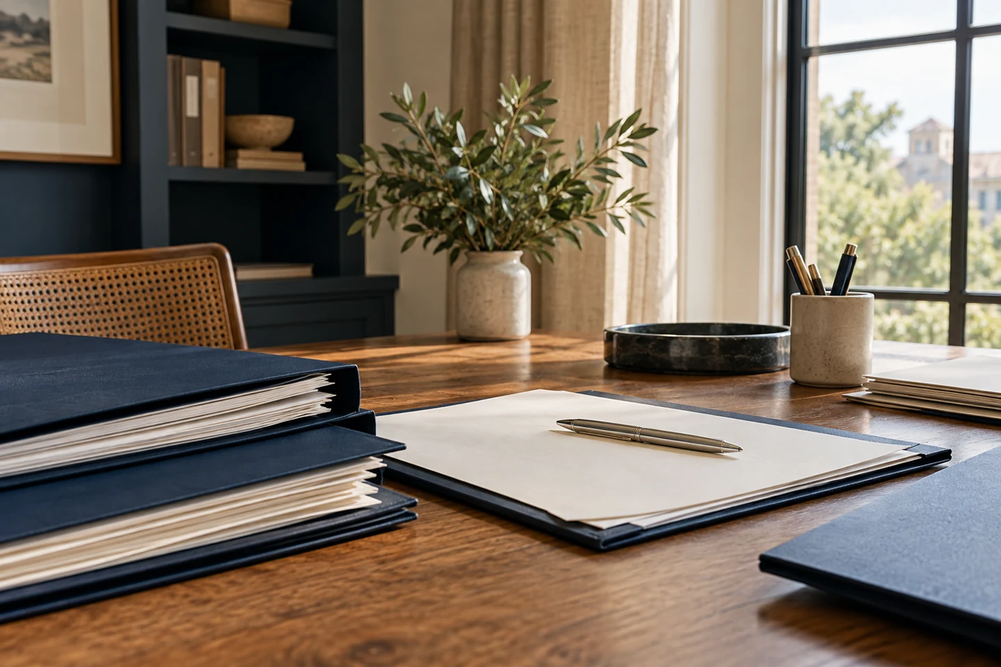 Document folders and a pen on a sunlit review desk