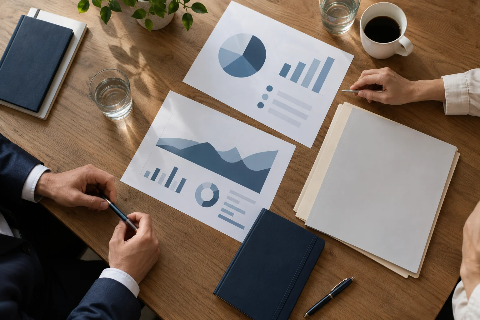Documents and planning materials arranged on a meeting table